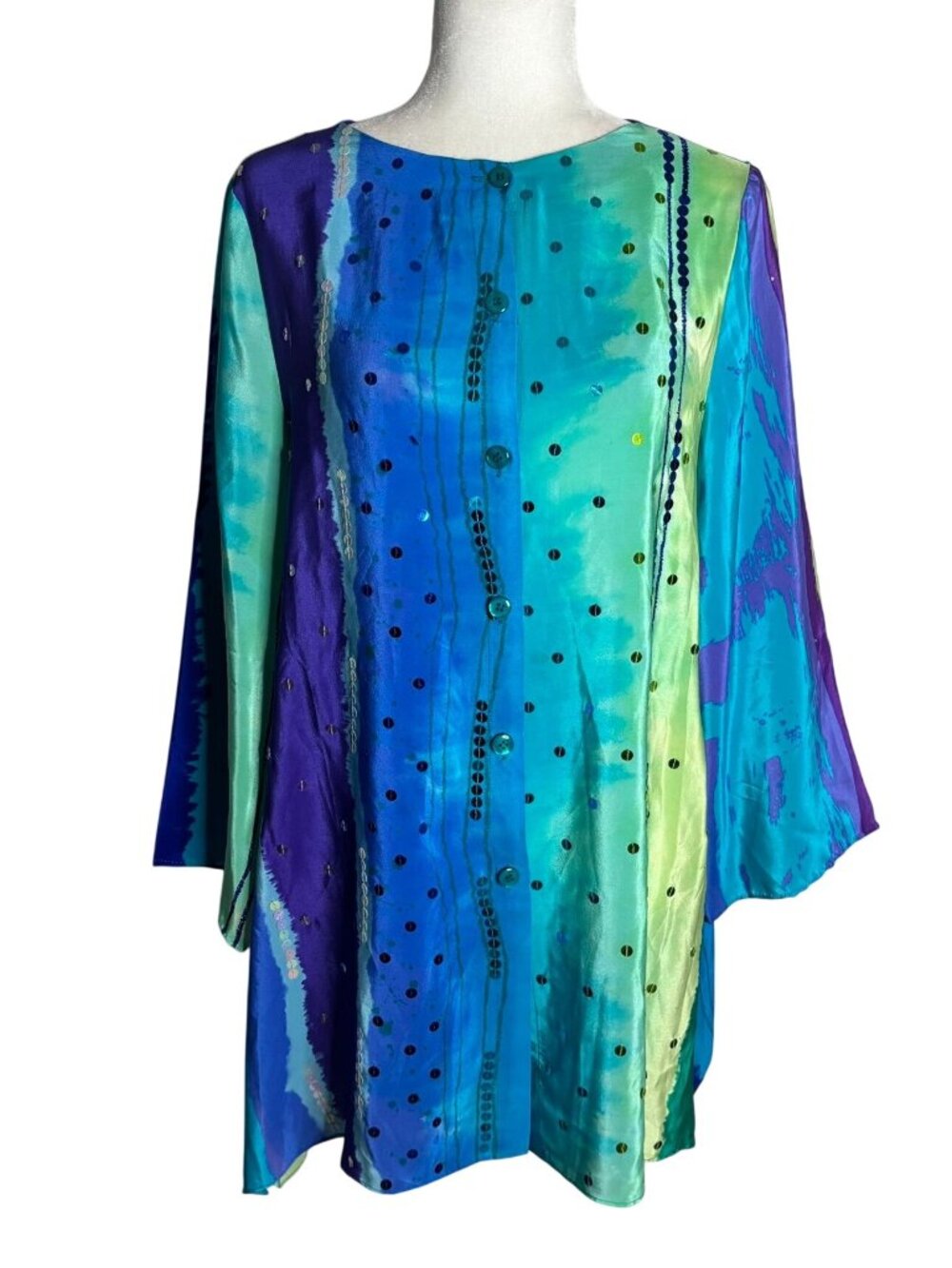 Vintage 90s Diane Gilman Silk Tunic Top Medium Blue Buttons Long Sleeve Sequins